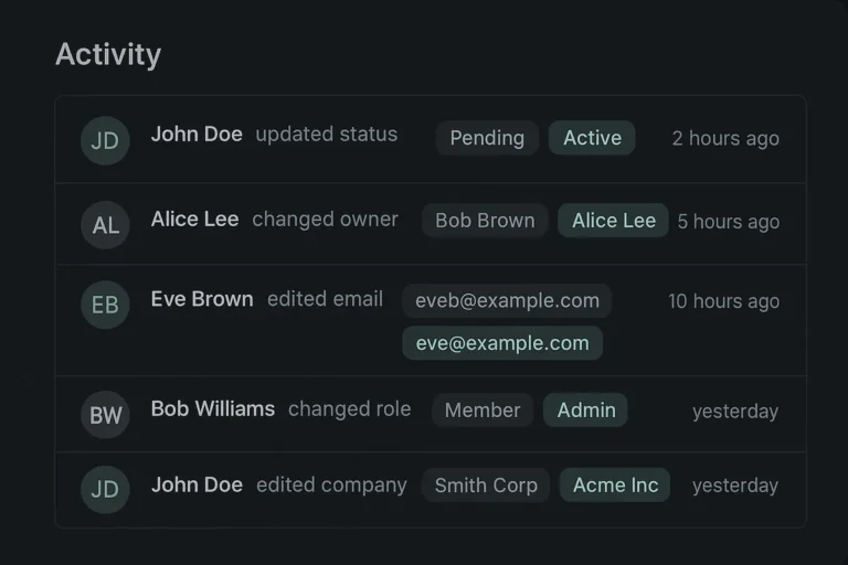 Affiliate platform admin dashboard showing an audit log of tracked administrative changes with timestamps and user names