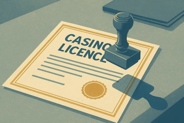 Illustration of a casino licence document being reviewed by a gaming regulator