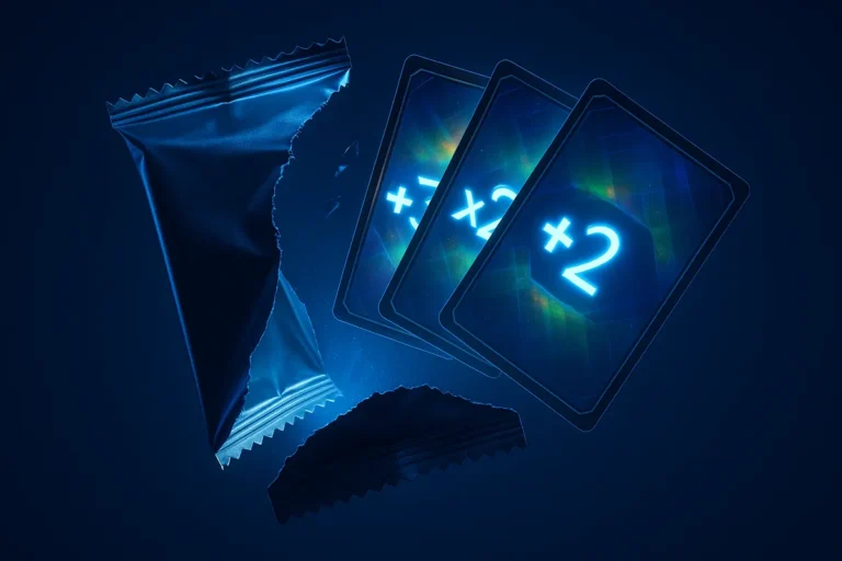 Virtual trading card pack bursting open with holographic cards showing multiplier symbols