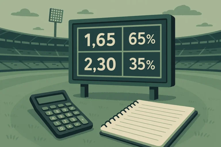 Cricket scoreboard styled as an odds board showing decimal prices and implied probability percentages