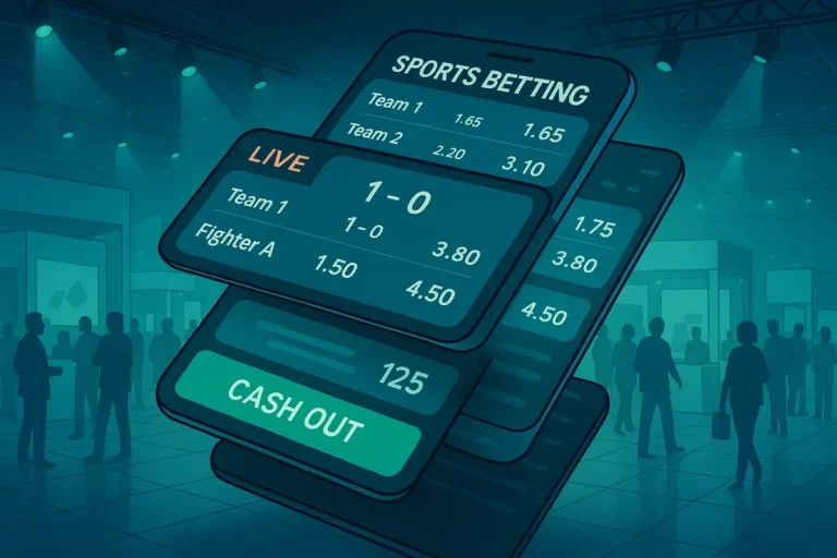 Layered illustration of a sportsbook app broken into modular components above a trade show floor