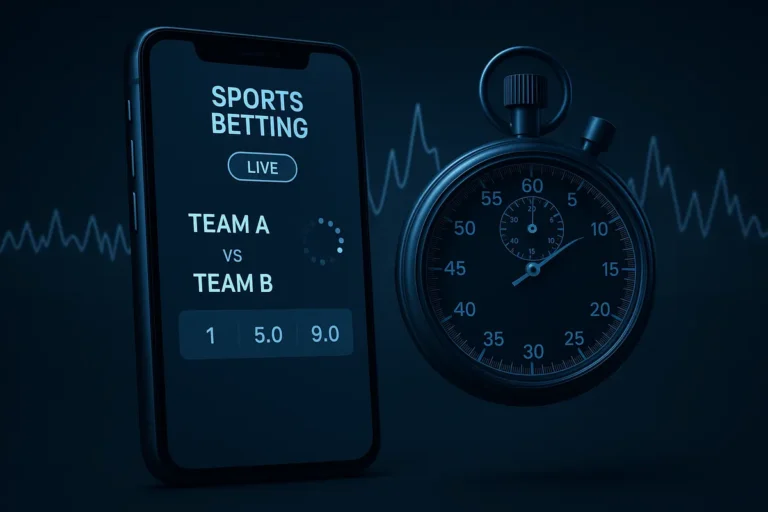 Smartphone showing live betting odds beside a stopwatch and latency graph illustrating iGaming platform speed