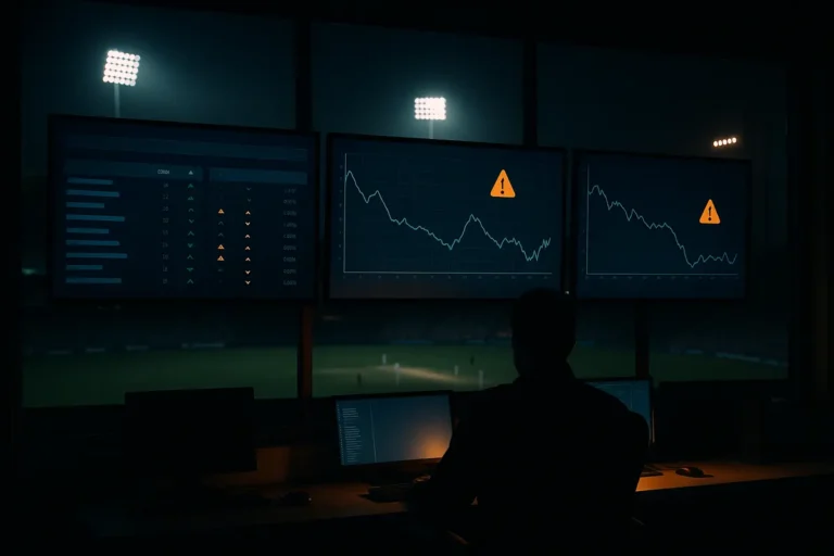 Analysts monitoring live betting odds and flagged integrity alerts on screens above a night cricket stadium