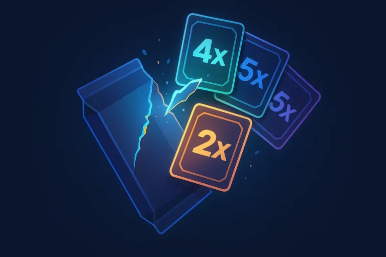 Digital card pack opening with collectible cards and multiplier symbols fanning out